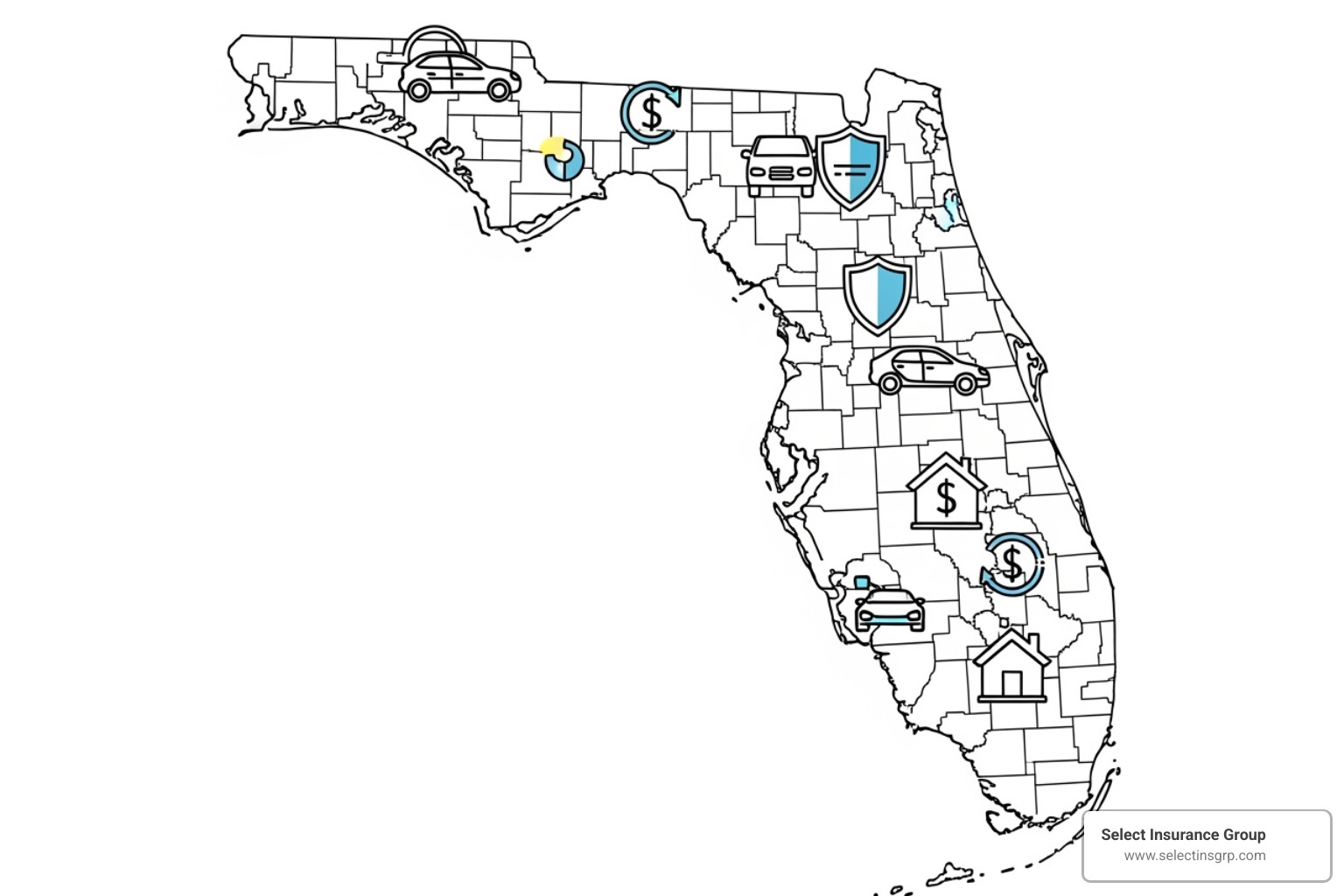 Florida map with insurance related icons - auto insurance agency florida Florida map with insurance related icons - auto insurance agency florida