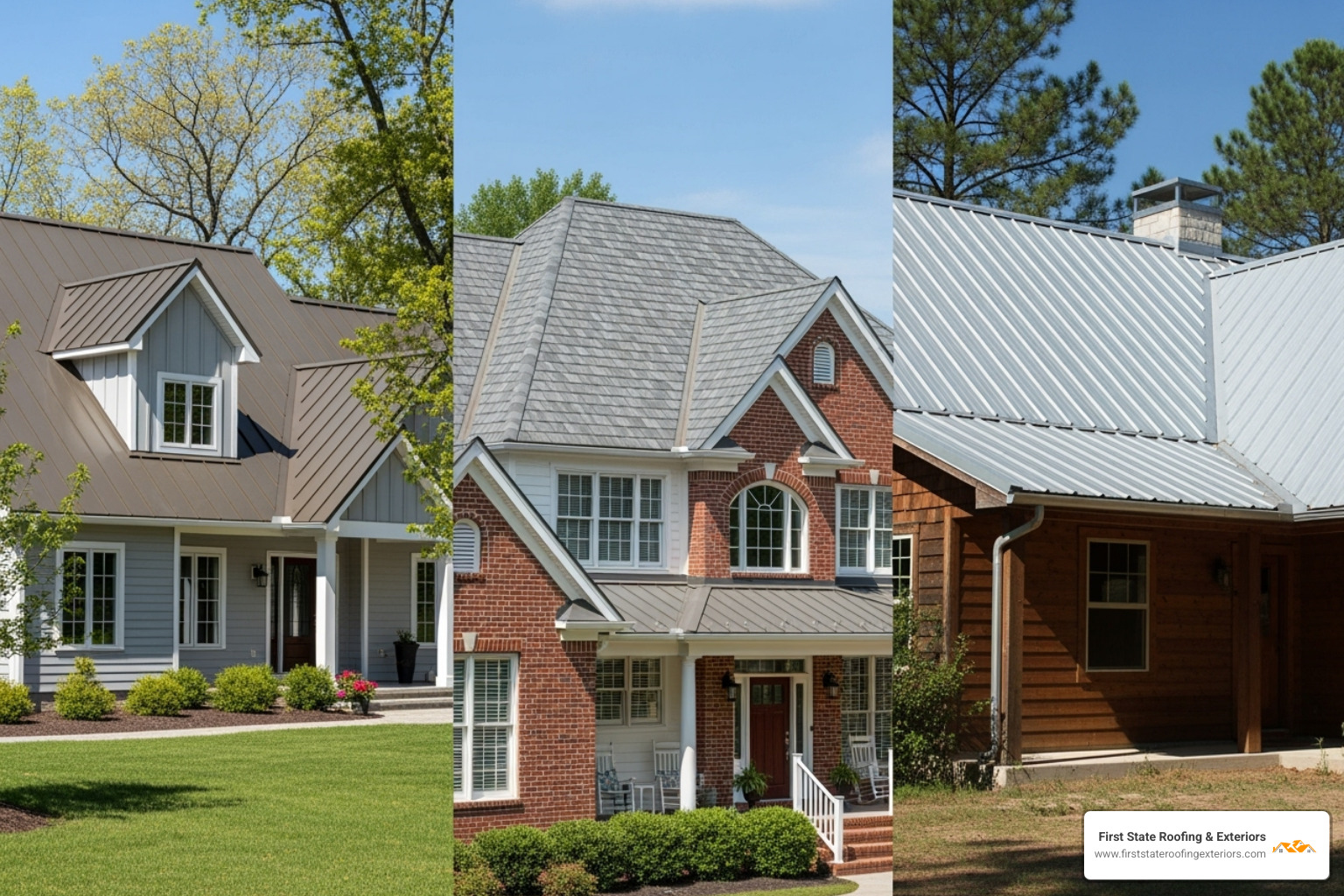 Collage showcasing different metal roof styles: standing seam, metal shingles, and corrugated panels on various homes - delaware valley metal roofing Collage showcasing different metal roof styles: standing seam, metal shingles, and corrugated panels on various homes - delaware valley metal roofing