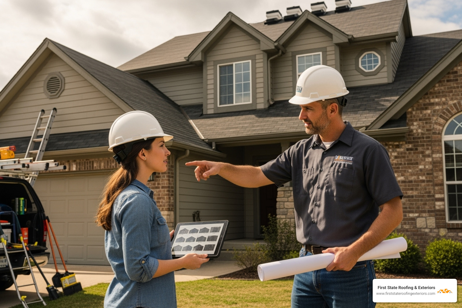 Roofing contractor discussing project plans with a homeowner, both wearing hard hats - delaware valley metal roofing Roofing contractor discussing project plans with a homeowner, both wearing hard hats - delaware valley metal roofing