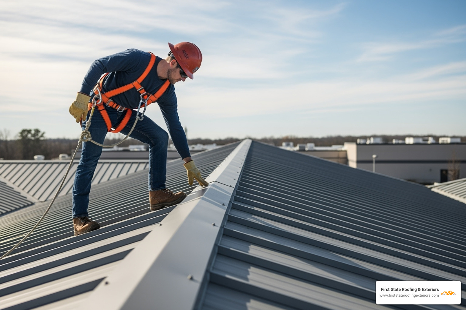 Professional roofer performing an inspection on a metal roof, wearing a safety harness - delaware valley metal roofing Professional roofer performing an inspection on a metal roof, wearing a safety harness - delaware valley metal roofing