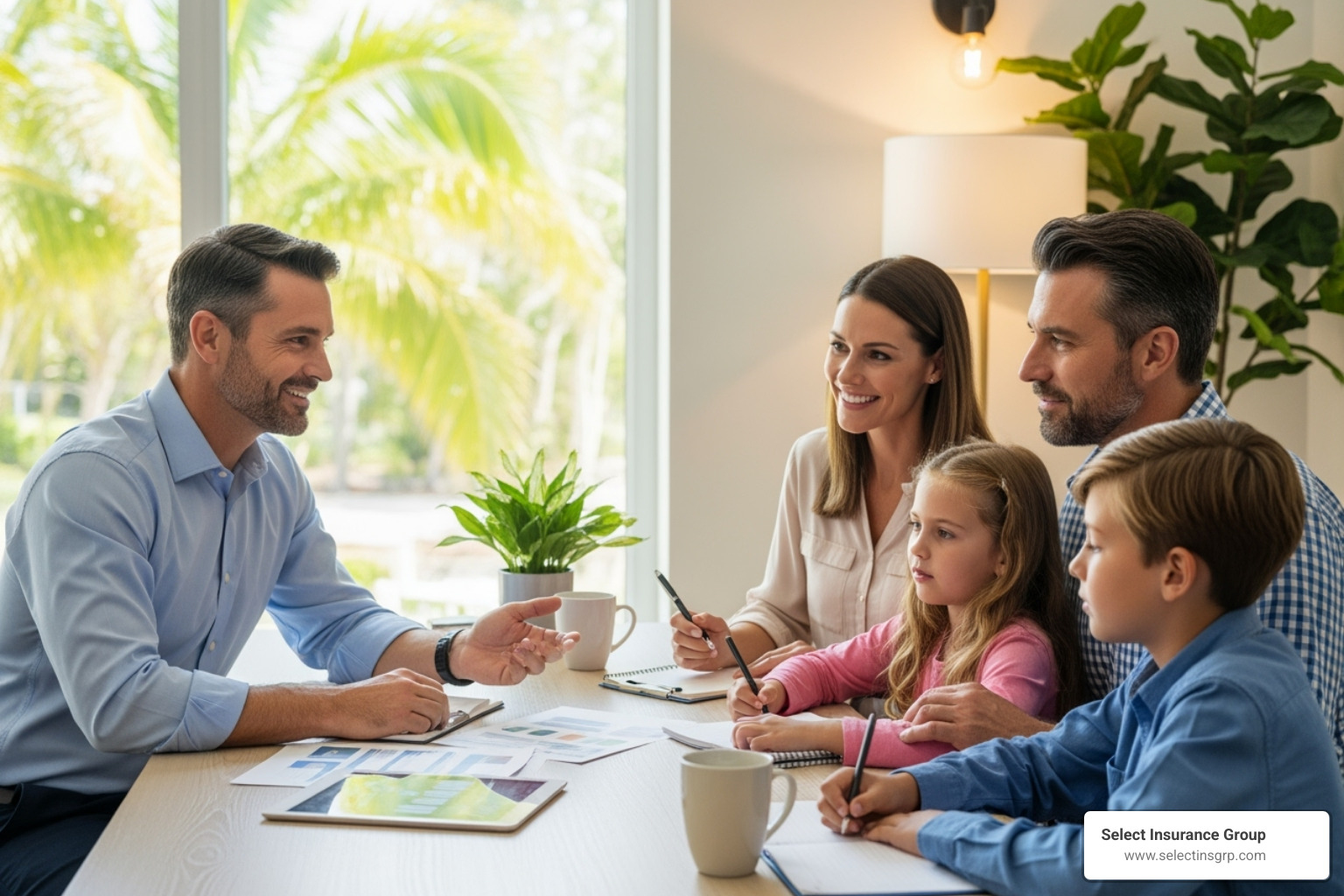 friendly insurance agent consulting with a Florida family - auto insurance agencies in florida