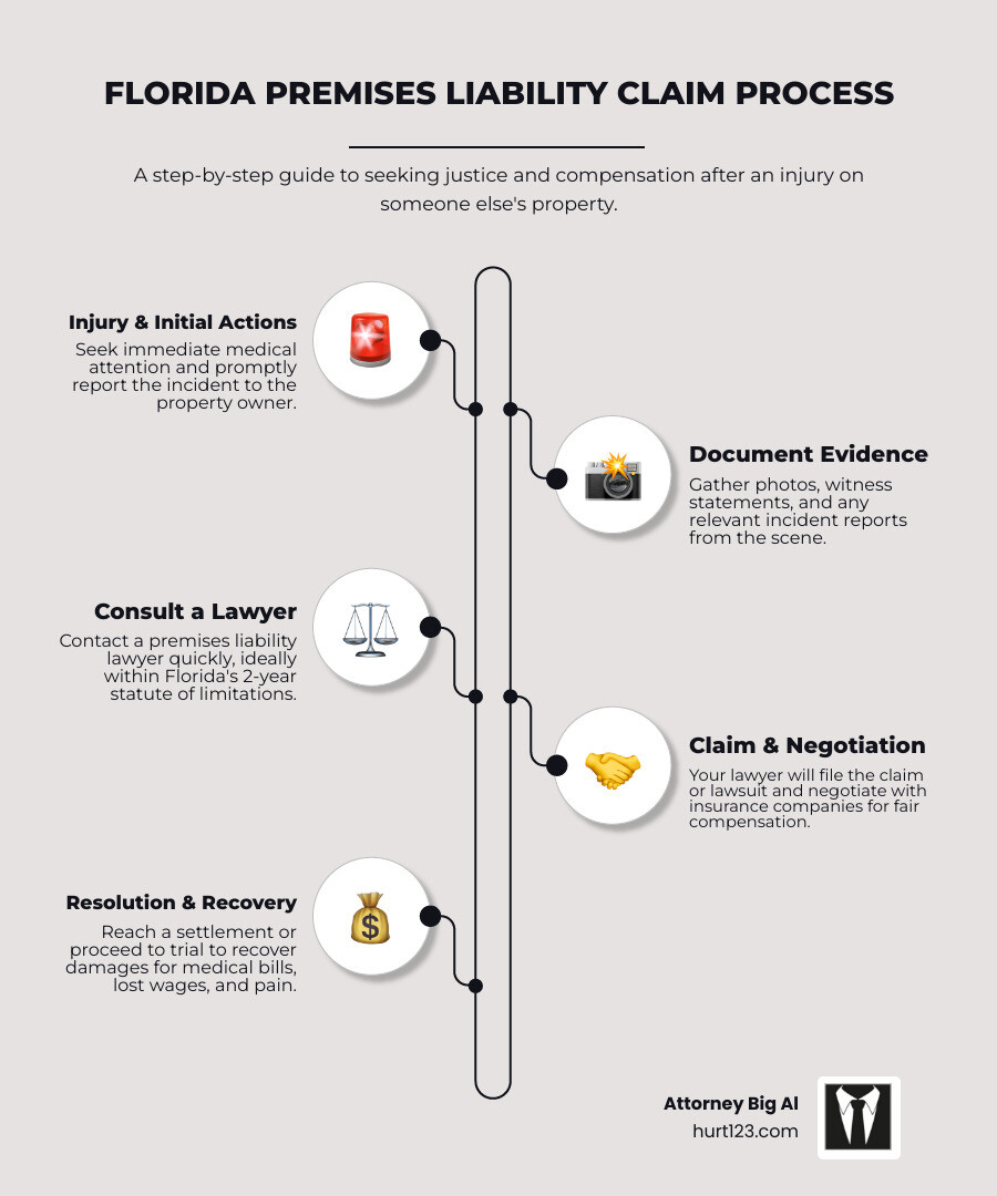 Infographic showing the Florida premises liability claim process: 1. Injury occurs on property, 2. Seek medical attention immediately, 3. Report incident to property owner, 4. Document evidence (photos, witnesses), 5. Contact premises liability lawyer within 2 years, 6. Lawyer investigates and gathers evidence, 7. File claim or lawsuit, 8. Negotiate with insurance company, 9. Settlement or trial, 10. Compensation awarded for medical bills, lost wages, and pain and suffering - premises liability lawyer infographic infographic-line-5-steps-elegant_beige