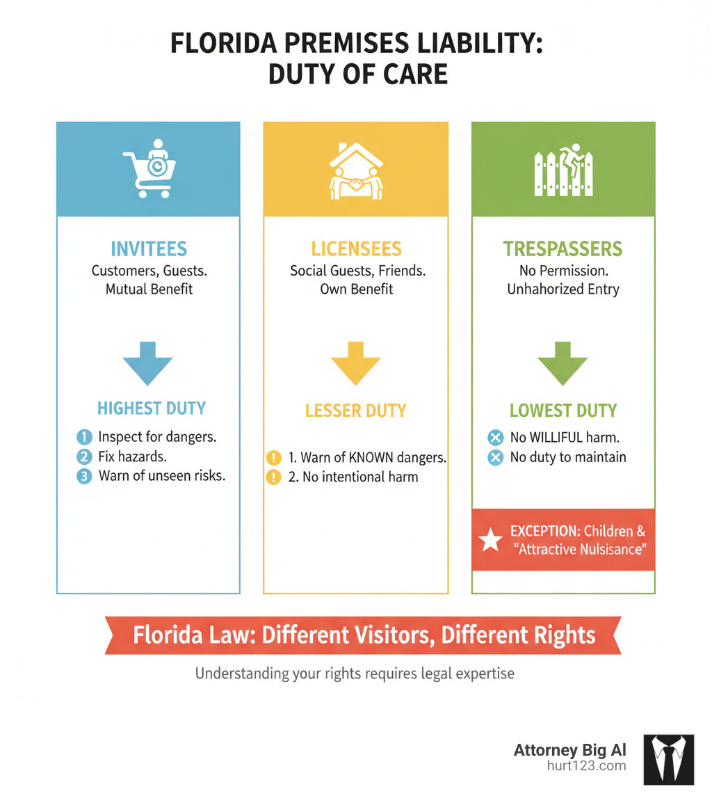 Infographic showing the difference between Invitees, Licensees, and Trespassers in Florida, detailing the duty of care owed to each - premises liability lawyer infographic