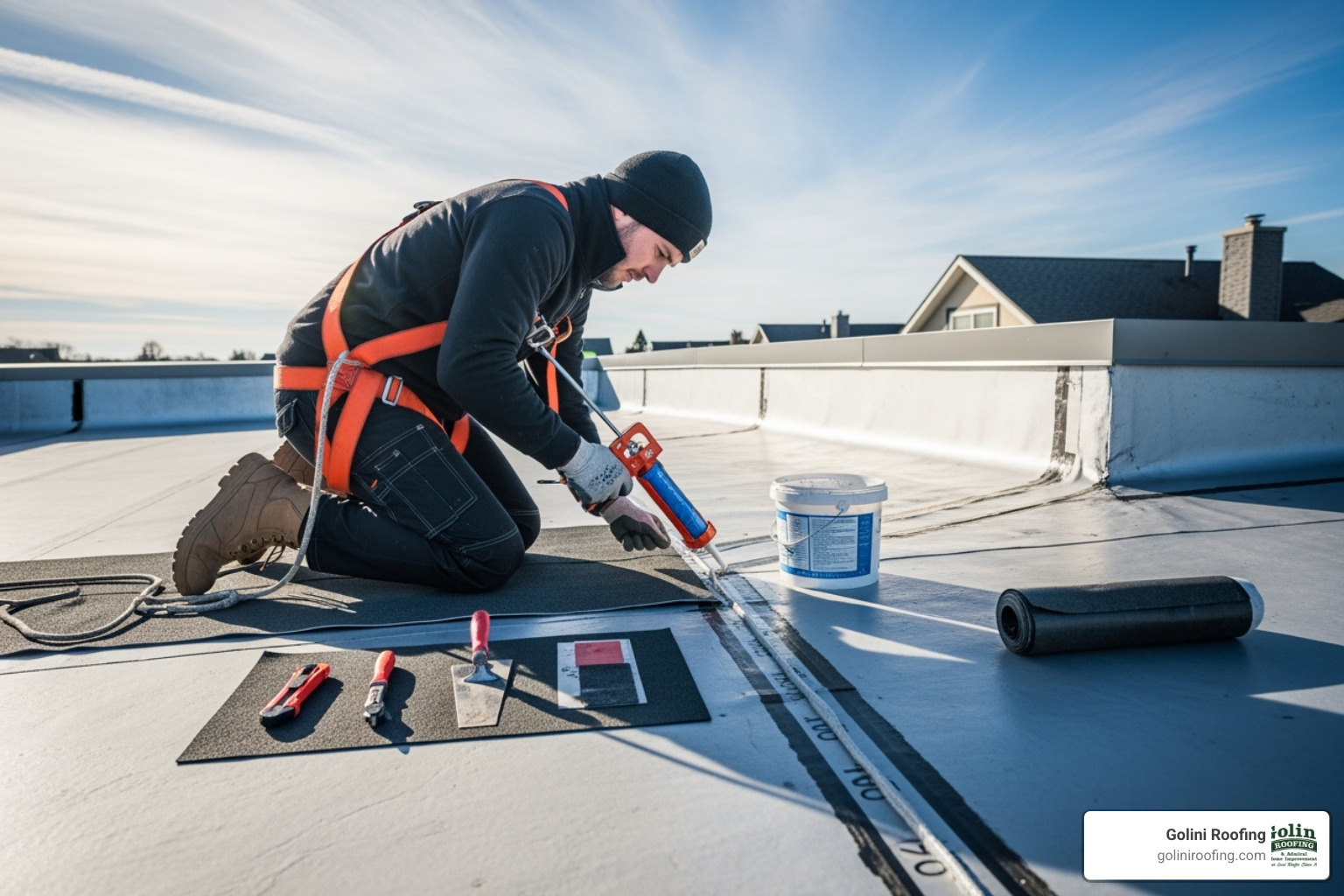 homeowner safely working on a flat roof repair project - Flat roof repair homeowner safely working on a flat roof repair project - Flat roof repair