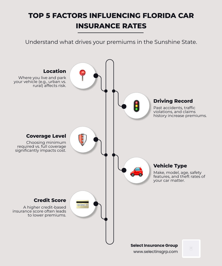 Infographic showing the top 5 factors that influence Florida car insurance rates: Location (where you live and park your vehicle affects risk), Driving Record (accidents and violations increase premiums), Coverage Level (minimum vs full coverage costs), Vehicle Type (make, model, age, and safety features), and Credit Score (used in most states as a rating factor) - Cheap car insurance Florida infographic infographic-line-5-steps-elegant_beige