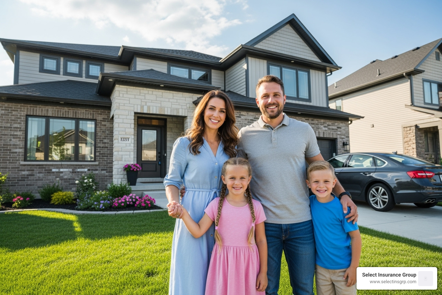 Happy family in front of home and car - Cheap car insurance Florida