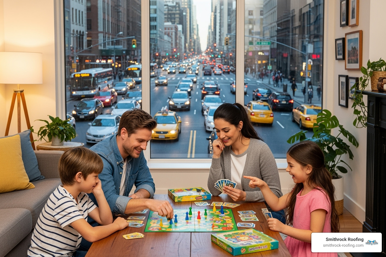 A family is enjoying a quiet activity like reading or playing a board game in a brightly lit living room. Outside the window, a busy street scene with cars and pedestrians is visible, but the family inside appears undisturbed and peaceful, illustrating the noise reduction benefits of insulated windows. - insulated windows