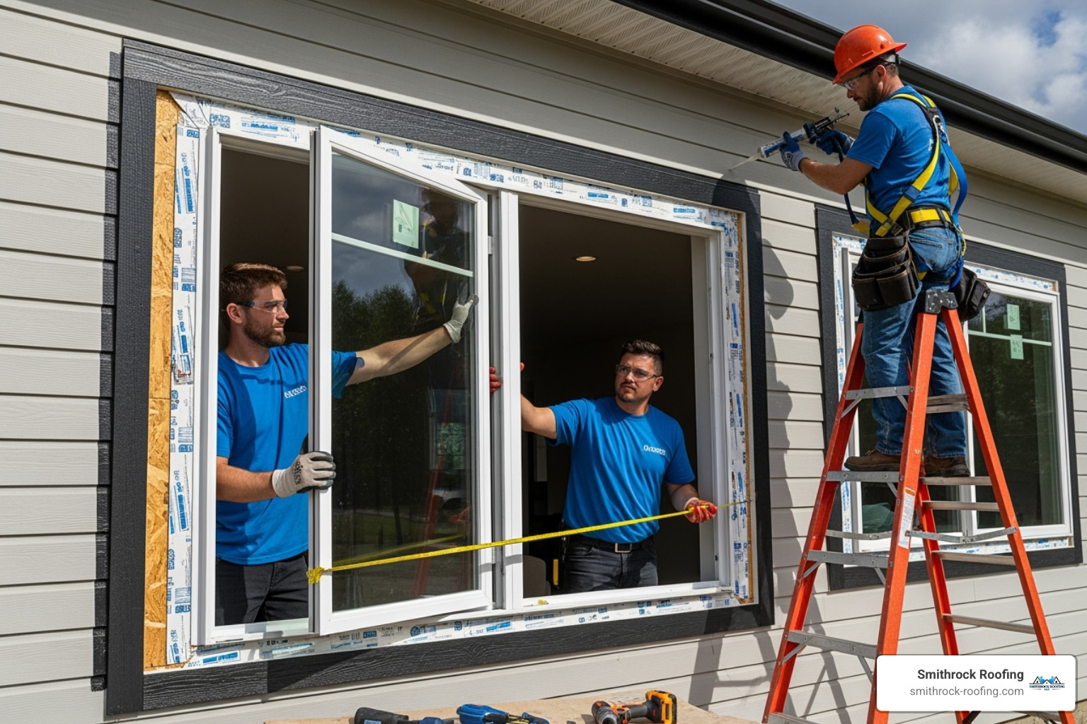 A professional window installation team carefully measuring and installing an insulated window in a residential home. The team members are wearing safety gear and using specialized tools, demonstrating precision and expertise in their work. - insulated windows