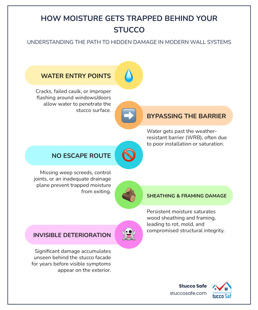 infographic showing cross-section of a modern stucco wall system with labeled layers including wood framing, sheathing, weather barrier, metal lath, and three-coat stucco finish, with red arrows indicating how water enters through cracks and gets trapped behind the stucco due to missing weep screed and improper flashing, causing the sheathing to absorb moisture and rot - stucco exterior wall problems infographic infographic-line-5-steps-colors
