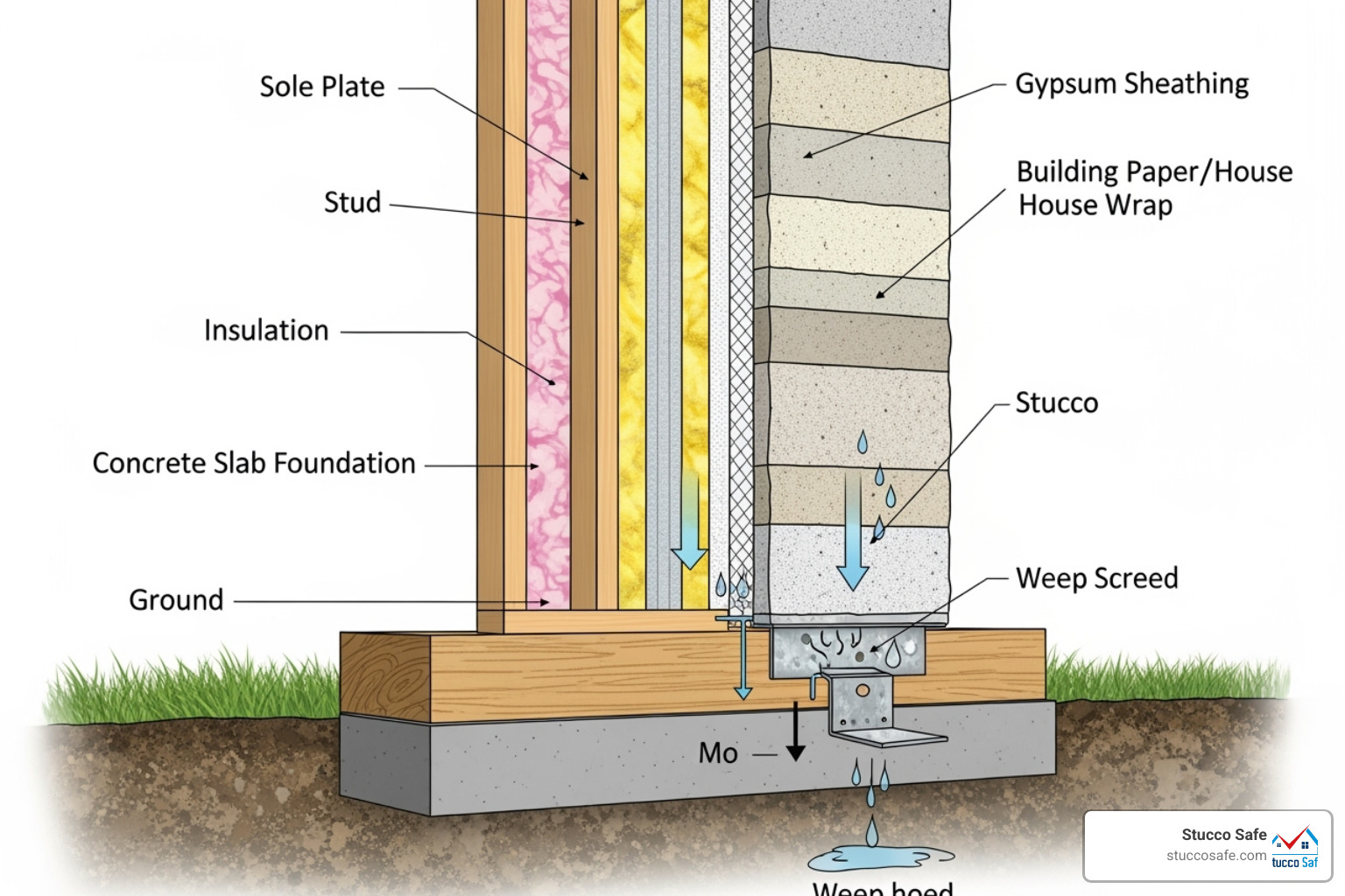 cross-section of a properly installed weep screed - stucco exterior wall problems