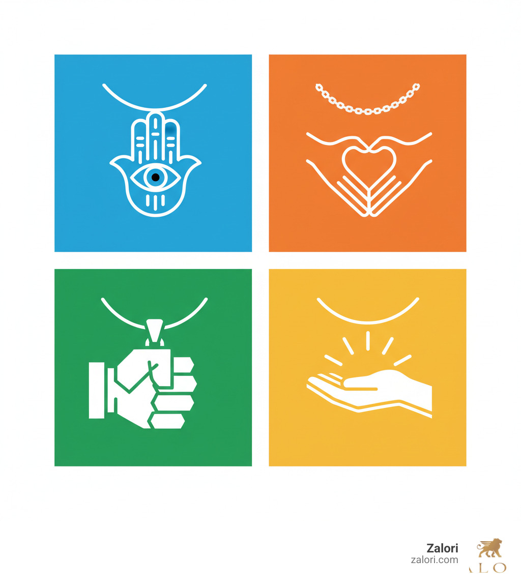 Infographic showing the four core symbolic meanings of hands necklaces: Protection represented by an open Hamsa hand with evil eye, Connection shown through clasped hands, Strength depicted by a clenched fist, and Generosity illustrated by an open palm with radiating lines suggesting blessing or giving - hands necklace infographic Infographic showing the four core symbolic meanings of hands necklaces: Protection represented by an open Hamsa hand with evil eye, Connection shown through clasped hands, Strength depicted by a clenched fist, and Generosity illustrated by an open palm with radiating lines suggesting blessing or giving - hands necklace infographic