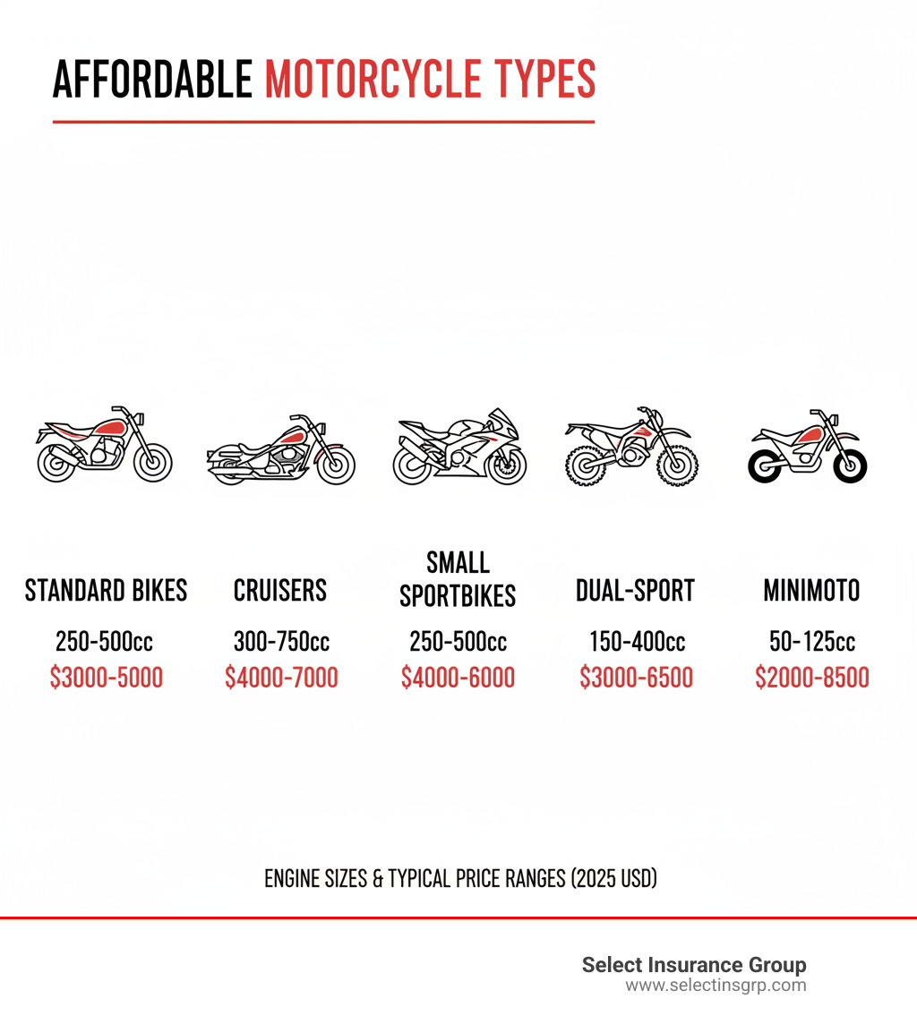 infographic showing motorcycle types with engine sizes and typical price ranges - Standard bikes 250-500cc $3000-5000, Cruisers 300-750cc $4000-7000, Small Sportbikes 250-500cc $4000-6000, Dual-Sport 150-400cc $3000-6500, MiniMOTO 50-125cc $2000-3000 - cheapest motorcycle infographic 