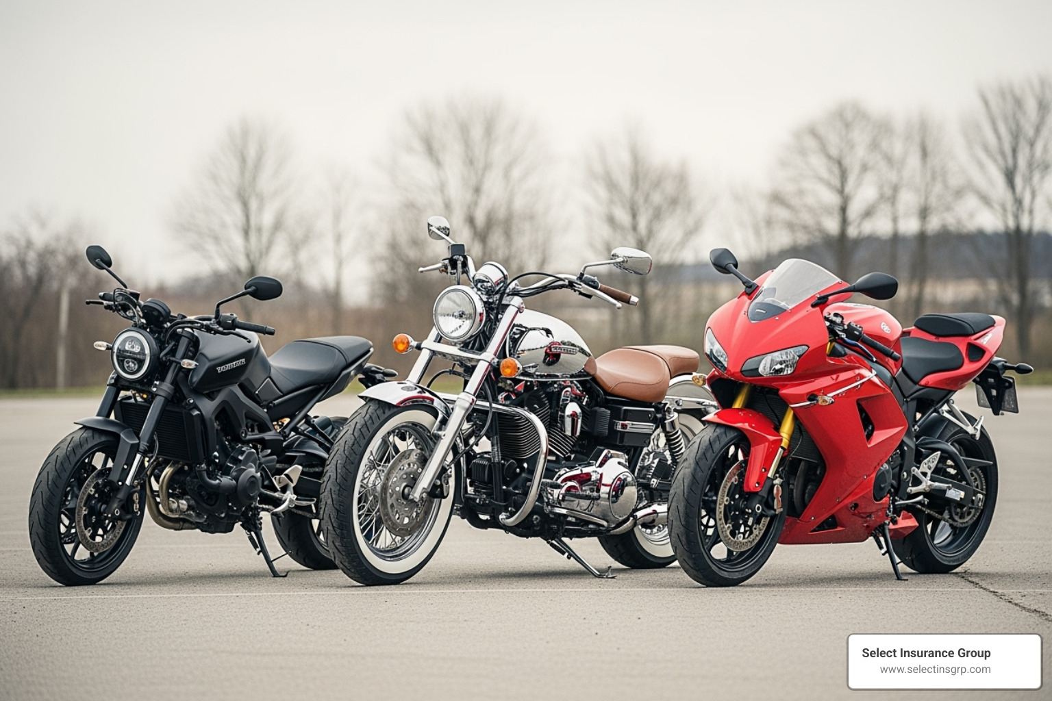 three motorcycles side-by-side: a standard bike, a cruiser, and a sportbike - cheapest motorcycle