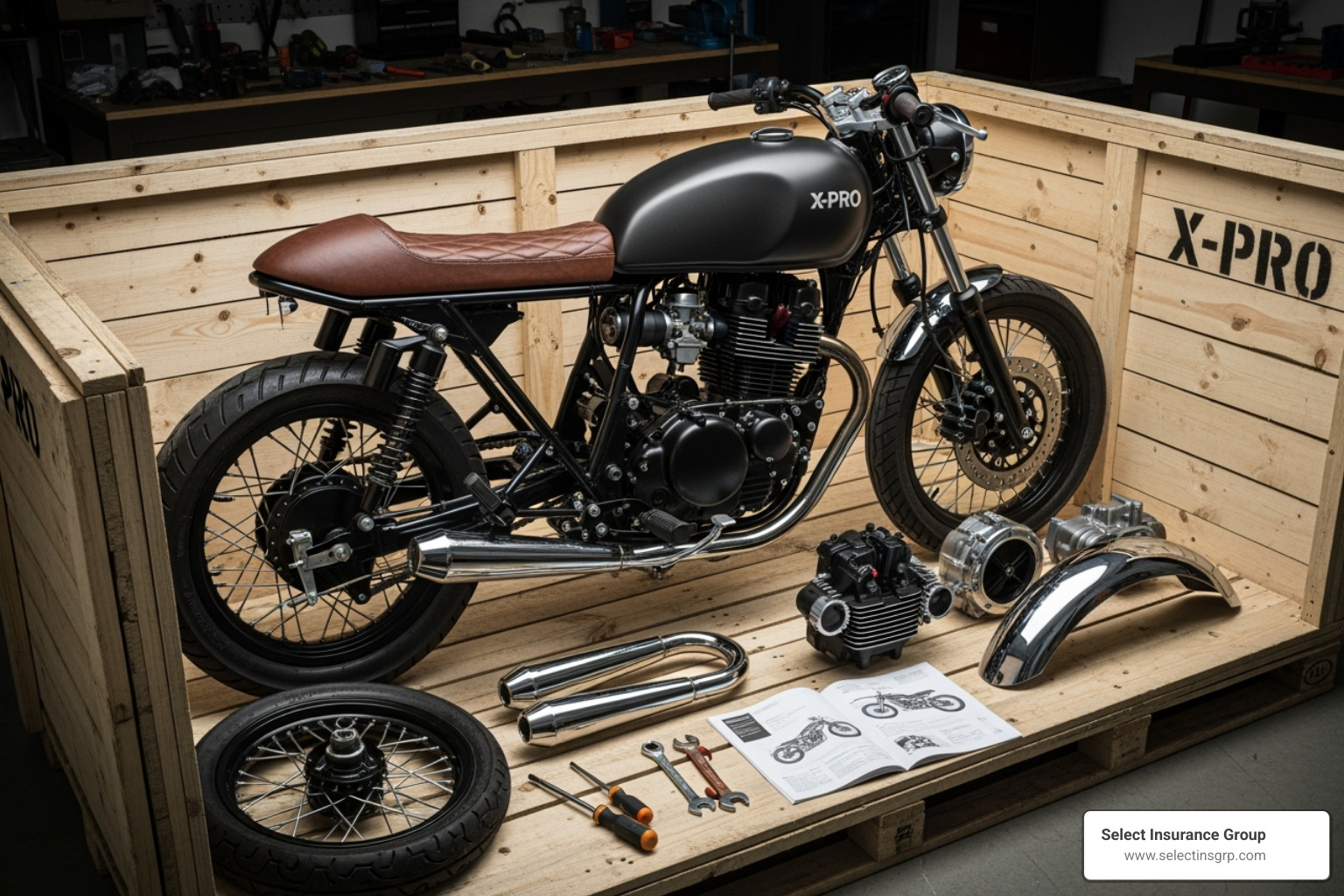 X-PRO style cafe racer bike in a shipping crate - cheapest motorcycle