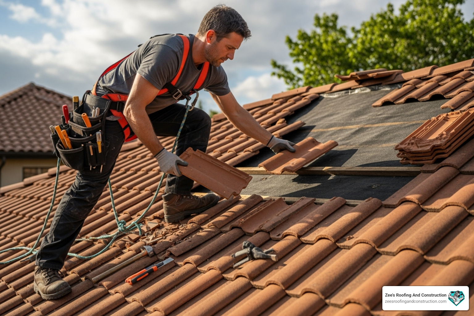 a roofer carefully replacing a damaged roof tile - roof repair specialist sanford a roofer carefully replacing a damaged roof tile - roof repair specialist sanford