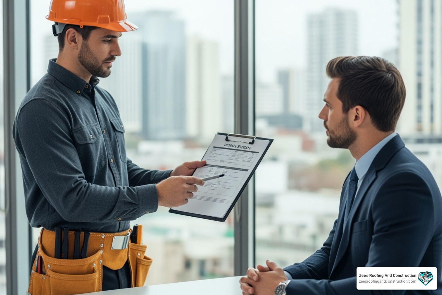 professional roofer providing a detailed estimate to a property manager - roof leak repair orlando fl