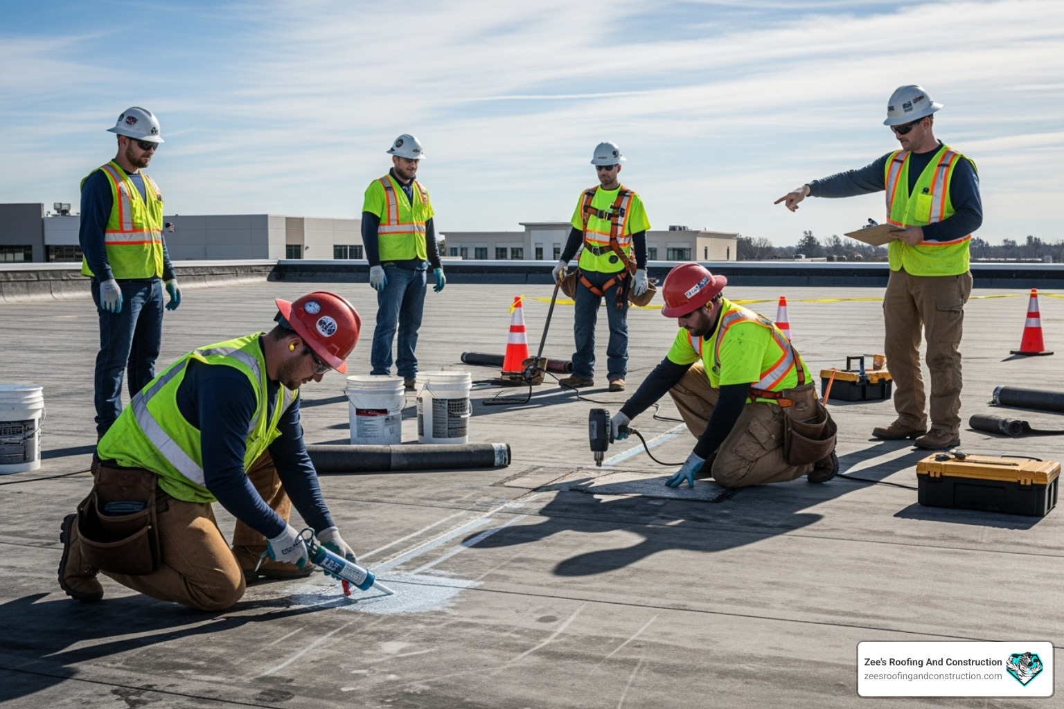 roofing team working safely on a large commercial flat roof - roof leak repair orlando fl