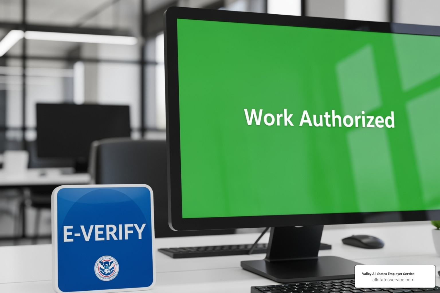 E-Verify logo and a computer screen showing a "Work Authorized" result - I-9 form verification Maryland E-Verify logo and a computer screen showing a "Work Authorized" result - I-9 form verification Maryland