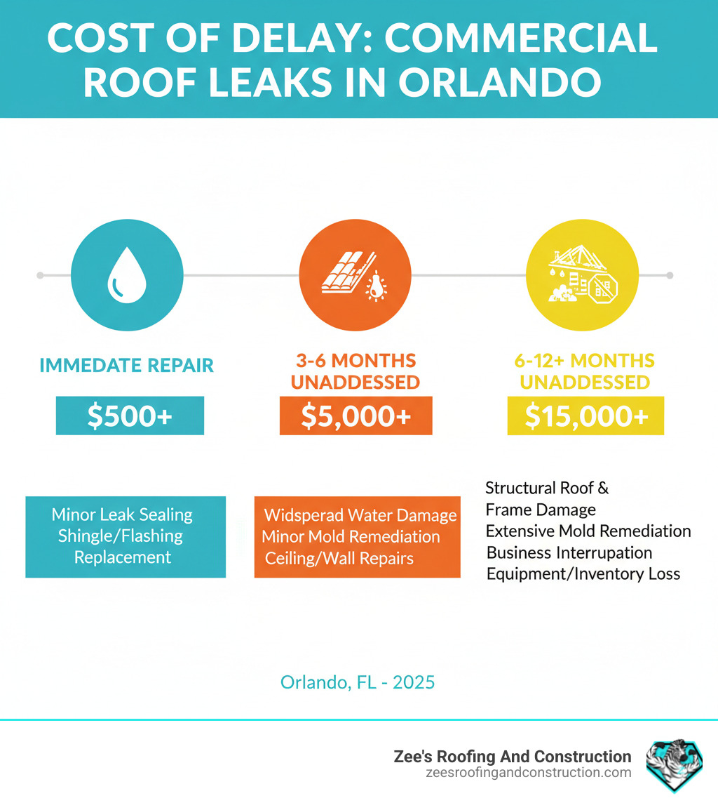 infographic showing the progression of commercial roof leak damage costs over time in Orlando, from initial $500 repair to $15,000+ in structural damage, mold remediation, and business interruption costs if left unaddressed for 6-12 months - roof leak repair orlando fl infographic 