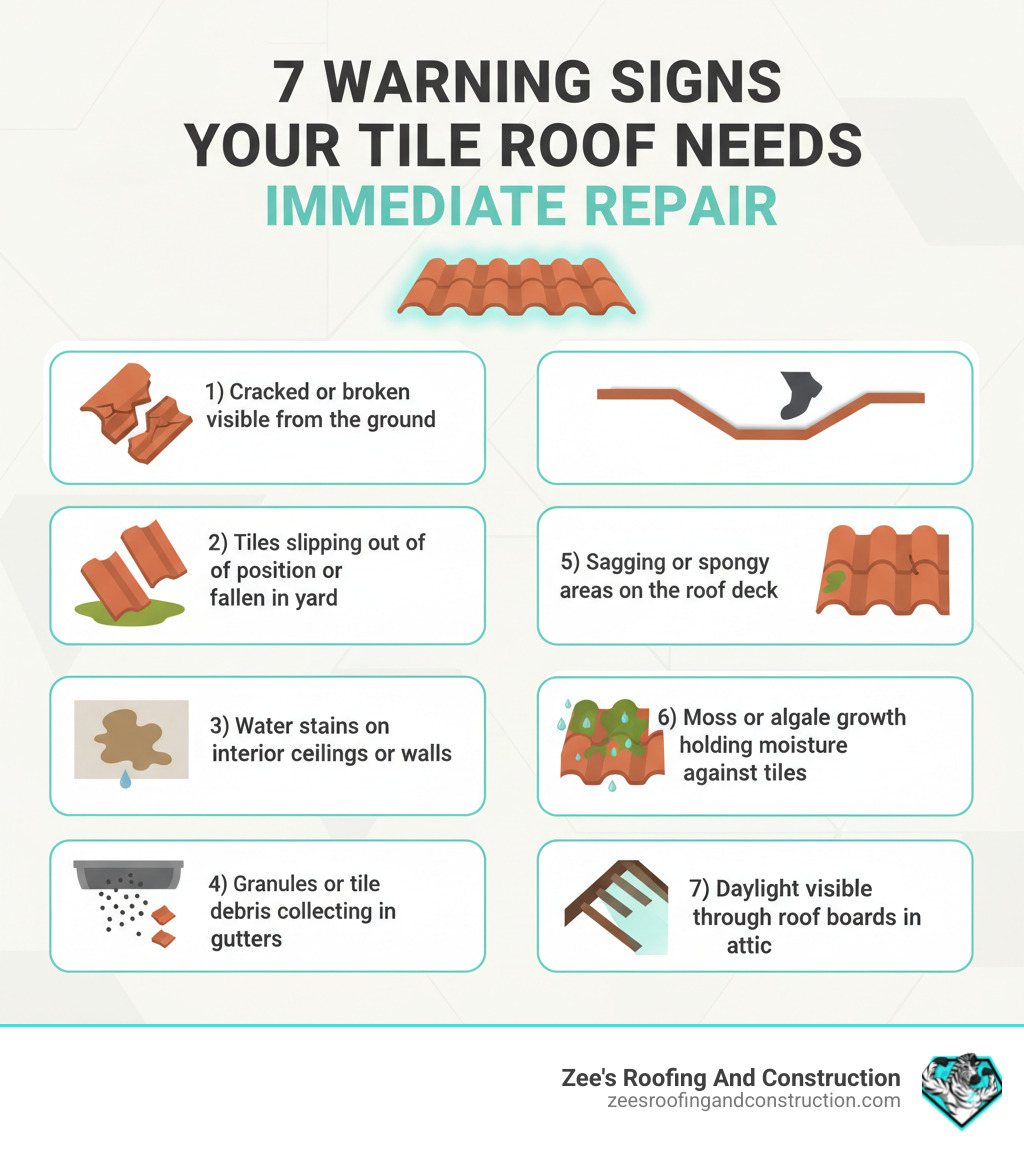 Infographic showing 7 warning signs your tile roof needs immediate repair: 1) Cracked or broken tiles visible from the ground, 2) Tiles slipping out of position or fallen in yard, 3) Water stains on interior ceilings or walls, 4) Granules or tile debris collecting in gutters, 5) Sagging or spongy areas on the roof deck, 6) Moss or algae growth holding moisture against tiles, 7) Daylight visible through roof boards in attic - tile roof repair near me infographic 