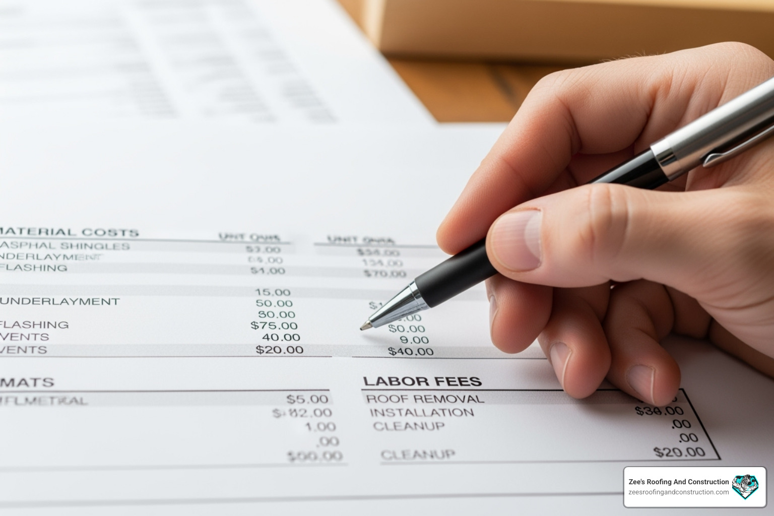 A close-up image of a contractor's hand pointing to line items on a detailed roofing estimate document, showing material costs and labor fees - roof repair sanford fl