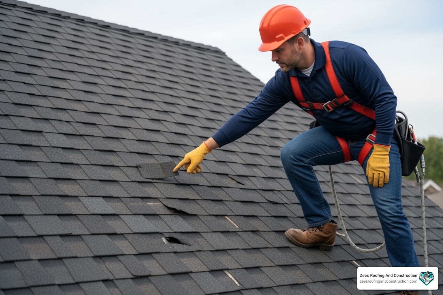 A roofer carefully inspecting storm damage on a shingle roof, pointing out a loose shingle - roof repair sanford fl