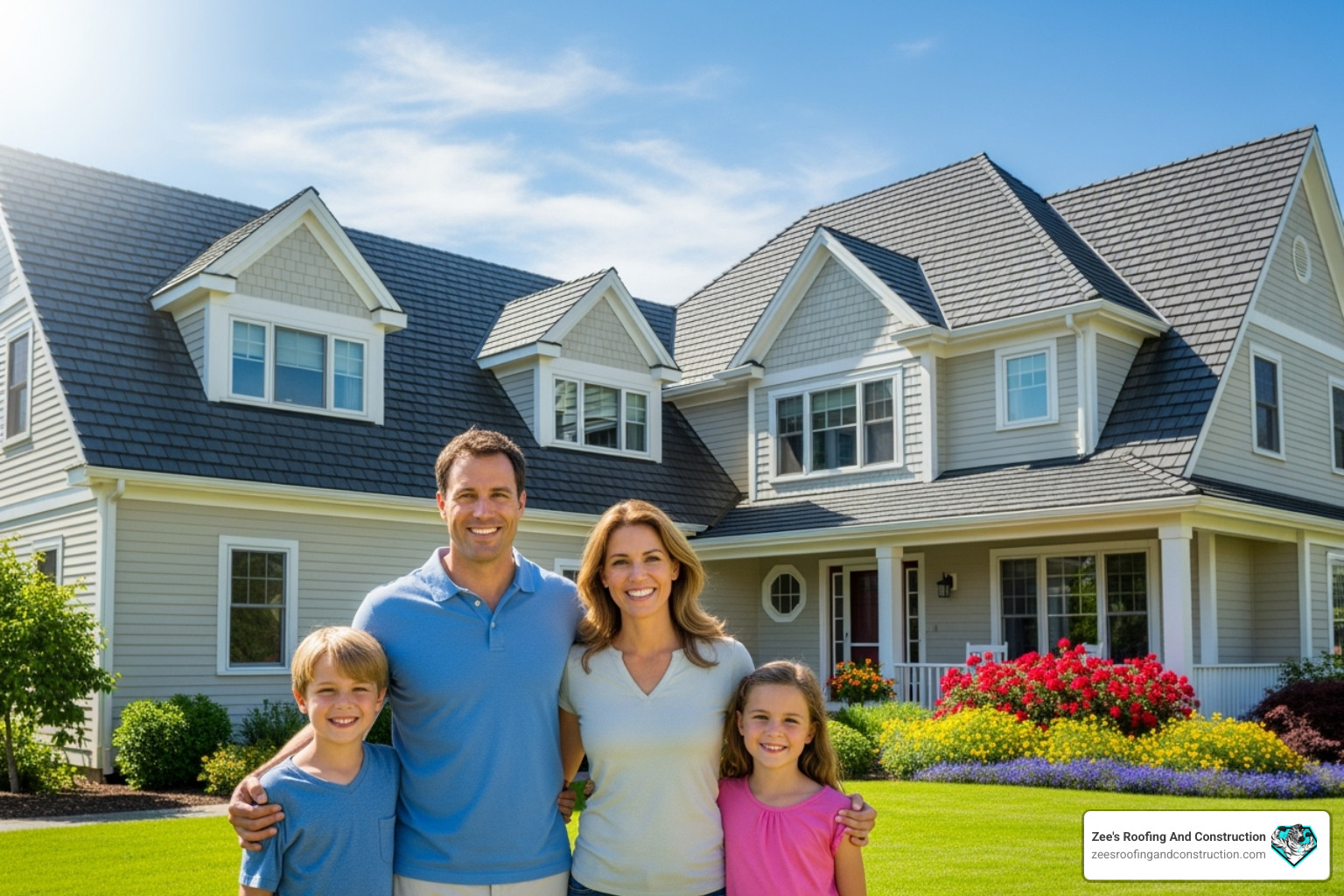 A happy family smiling in front of their beautiful home with a newly repaired and pristine roof, under a clear blue sky - roof repair sanford fl