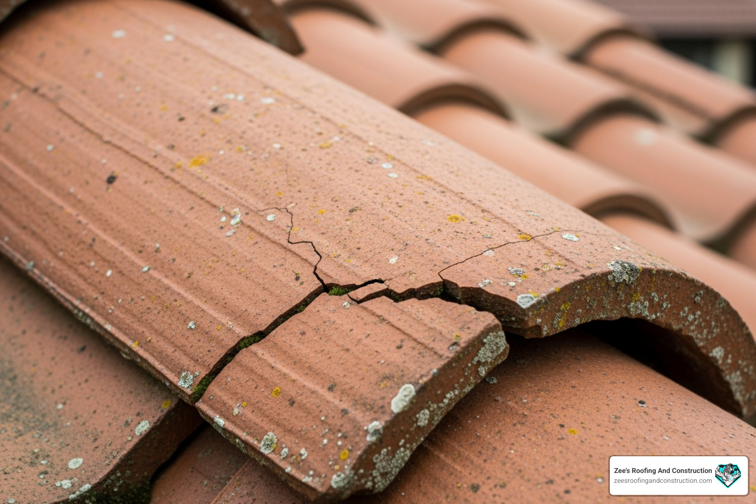 close-up on a cracked clay tile - tile roof repair near me
