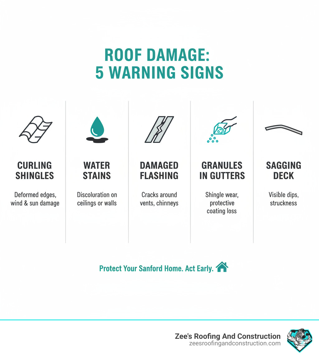 infographic showing five warning signs of roof damage including curling shingles, water stains, damaged flashing, granules in gutters, and sagging deck, with icons and brief descriptions for each sign - roof repair sanford infographic 