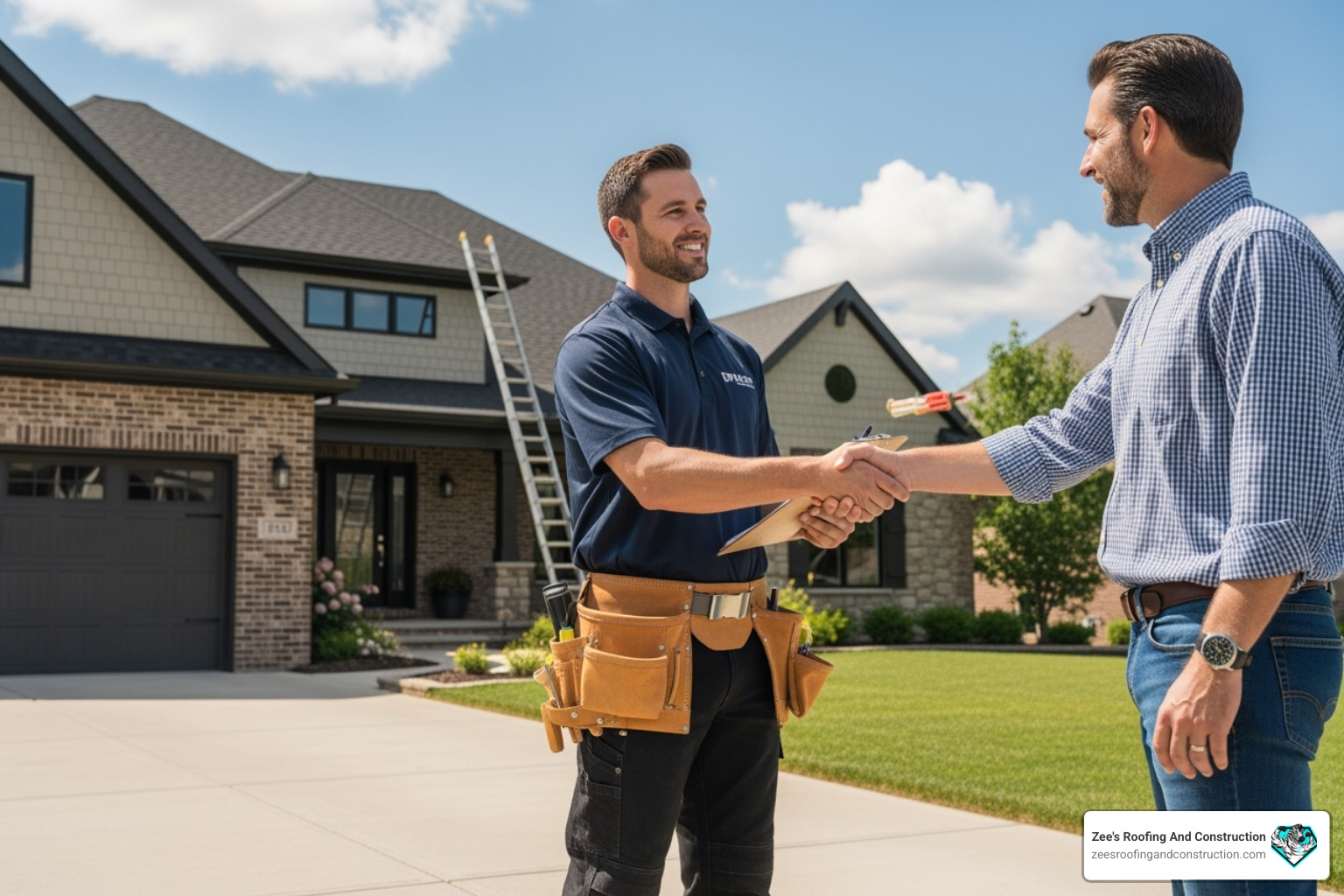 homeowner shaking hands with a professional roofer - roof repair sanford