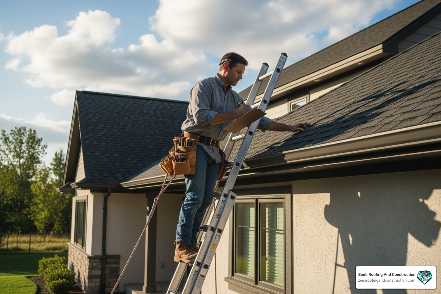 roofer on a ladder inspecting a roof with a clipboard - roof repair sanford