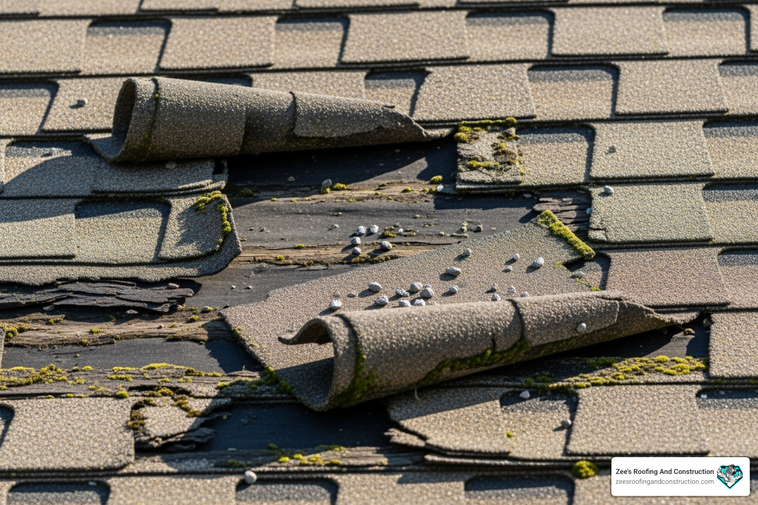 close up of damaged asphalt shingles on a roof with visible wear and tear - roof repair sanford