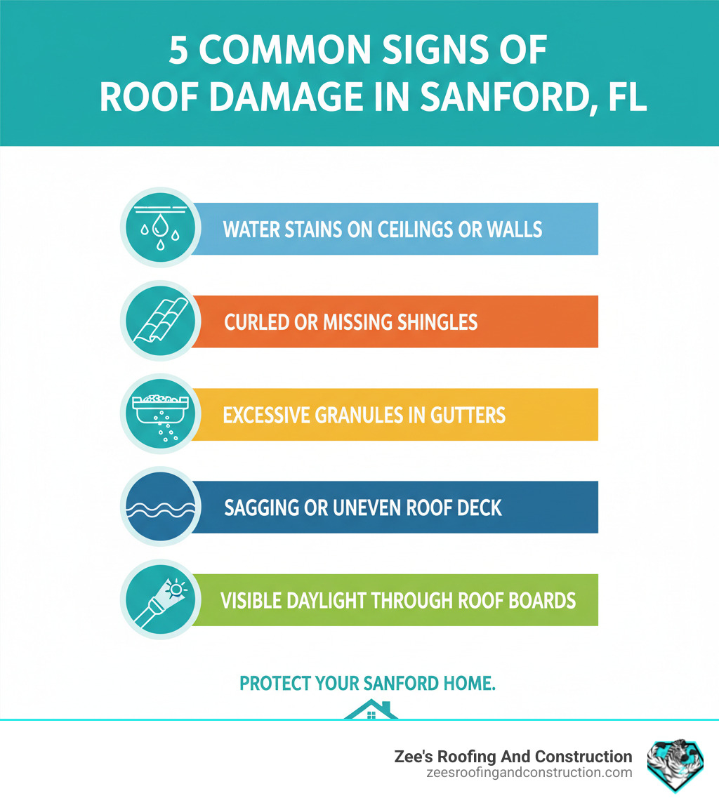 Infographic showing the 5 most common signs of roof damage in Sanford FL: water stains on ceilings or walls, curled or missing shingles, excessive granules in gutters, sagging or uneven roof deck, and visible daylight through roof boards - roof repair sanford fl infographic 