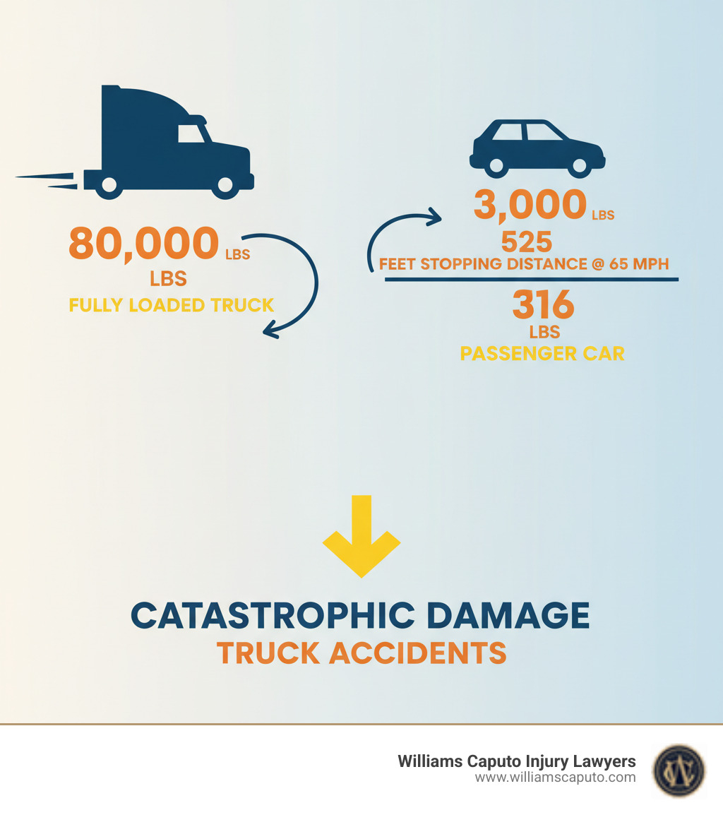 Infographic showing the weight comparison between an 80,000-pound fully loaded 18-wheeler truck and a 3,000-pound passenger car, with stopping distances at 65 mph: truck requires 525 feet while car requires 316 feet, demonstrating why truck accidents cause catastrophic damage - 18-wheeler truck accident attorney infographic 