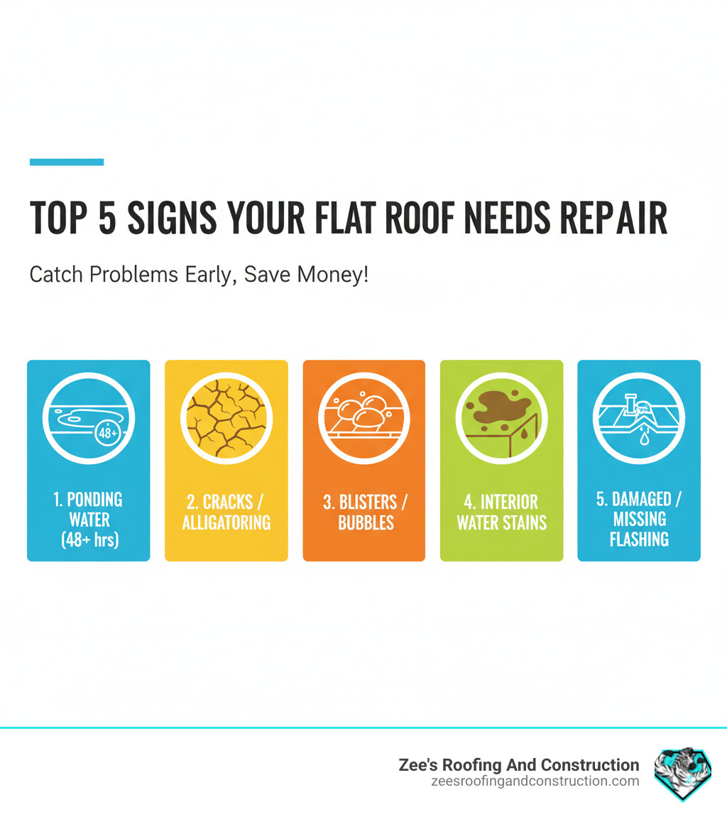 Infographic showing the top 5 signs your flat roof needs repair: 1. Ponding water that remains 48 hours after rainfall, 2. Visible cracks or alligatoring in the roof surface, 3. Blisters or bubbles in the membrane, 4. Interior water stains on ceilings or walls, 5. Damaged or missing flashing around roof penetrations - sanford flat roof repair infographic Infographic showing the top 5 signs your flat roof needs repair: 1. Ponding water that remains 48 hours after rainfall, 2. Visible cracks or alligatoring in the roof surface, 3. Blisters or bubbles in the membrane, 4. Interior water stains on ceilings or walls, 5. Damaged or missing flashing around roof penetrations - sanford flat roof repair infographic