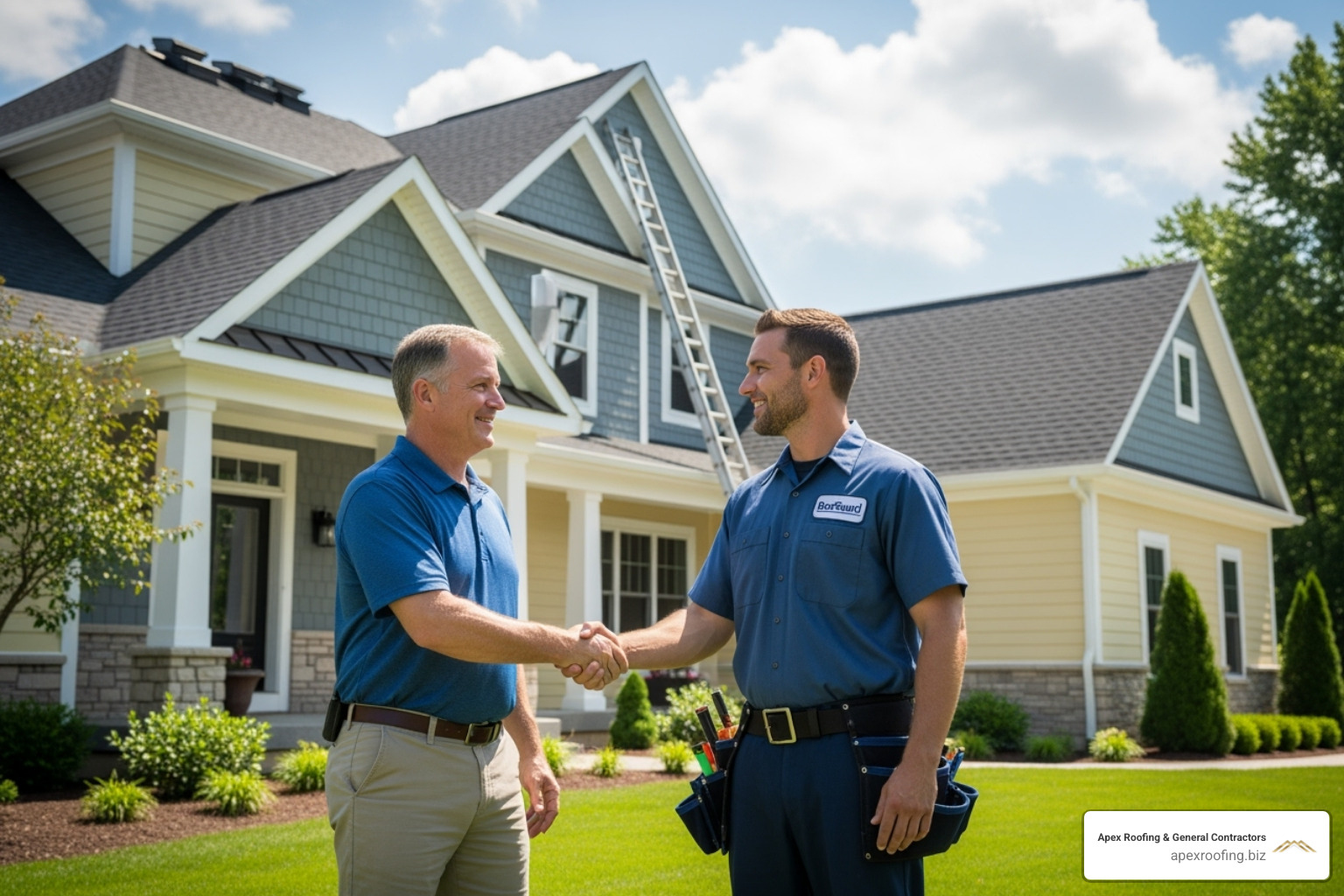 Homeowner shaking hands with a professional, uniformed roofer - roofers fair oaks ranch tx