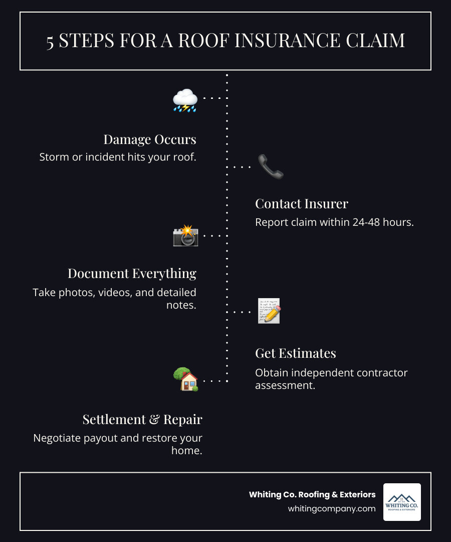 Infographic showing the 5 main steps of a roof insurance claim process: Step 1 - Damage Occurs (storm hits your roof), Step 2 - Contact Insurer (report claim within 24-48 hours), Step 3 - Document Everything (photos, videos, written notes), Step 4 - Get Estimates (independent contractor assessment), Step 5 - Settlement and Repair (negotiate payout and restore your home) - Insurance claim assistance infographic infographic-line-5-steps-dark