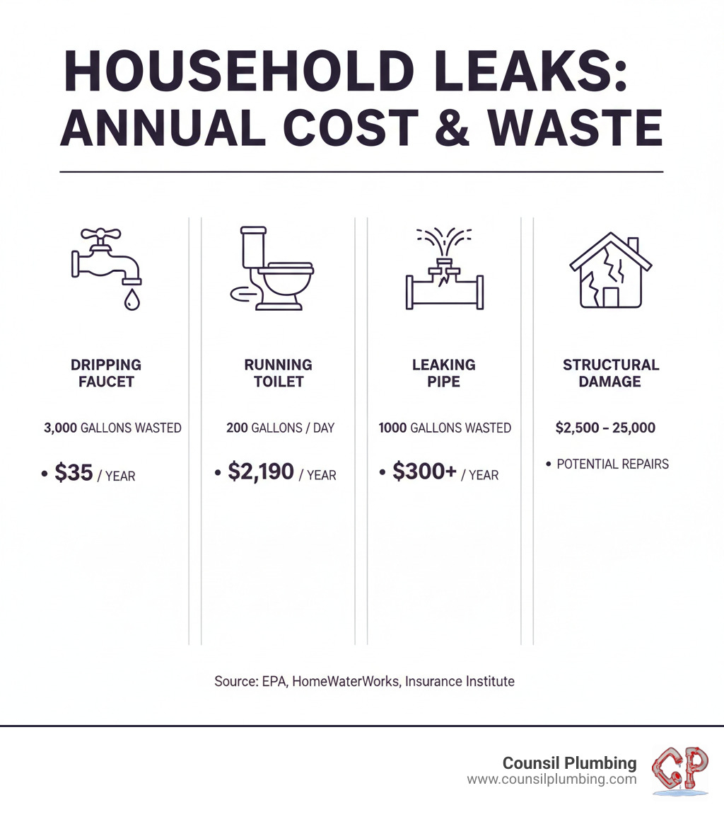 Infographic showing the annual cost and water waste of common household leaks: dripping faucet wastes 3,000 gallons and costs $35 per year, running toilet wastes 200 gallons per day and costs $2,190 per year, leaking pipe wastes 10,000 gallons and costs $300+ per year, plus potential structural damage costs of $2,500-$25,000 - water leak in house infographic 