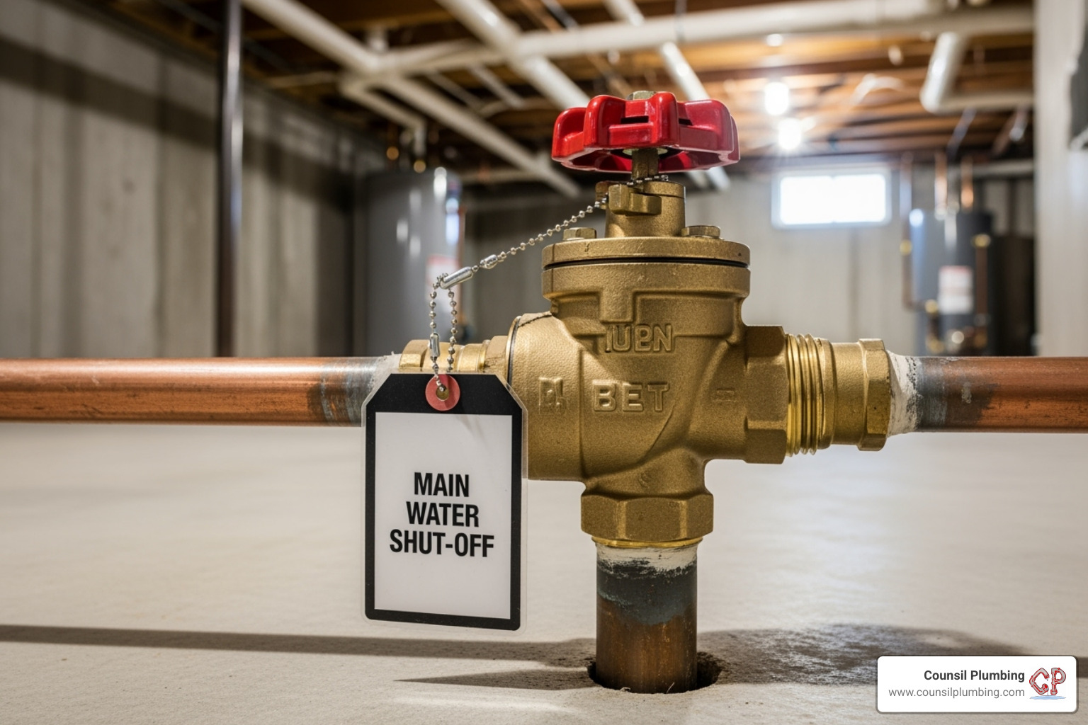 main water shut-off valve with a tag - water leak in house