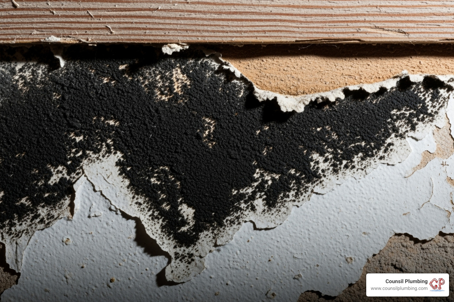 black mold growing on drywall behind a baseboard - water leak in house