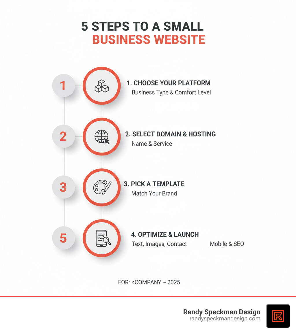 Infographic showing the 5 key steps to getting a small business website online: 1. Choose your platform based on your business type and technical comfort level, 2. Select a domain name and hosting service, 3. Pick a template or theme that matches your brand, 4. Add your content including text, images, and contact information, 5. Optimize for mobile devices and search engines before launching - Best Websites Small Business infographic 