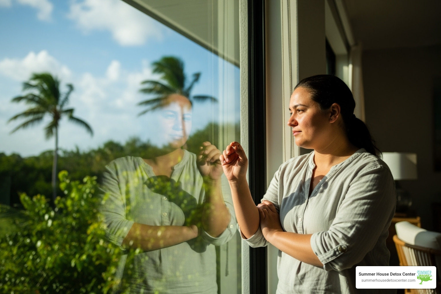 person looking thoughtfully out a window in a Florida home - alcohol detox success stories person looking thoughtfully out a window in a Florida home - alcohol detox success stories