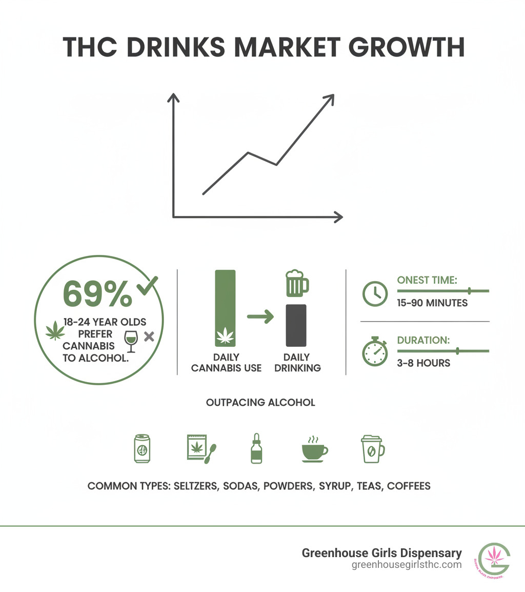 Infographic showing the growth of THC drinks market, key statistics including 69% of 18-24 year olds preferring cannabis to alcohol, daily cannabis use outpacing drinking, onset times of 15-90 minutes, duration of 3-8 hours, and common types of THC beverages available - thc drinks infographic Infographic showing the growth of THC drinks market, key statistics including 69% of 18-24 year olds preferring cannabis to alcohol, daily cannabis use outpacing drinking, onset times of 15-90 minutes, duration of 3-8 hours, and common types of THC beverages available - thc drinks infographic