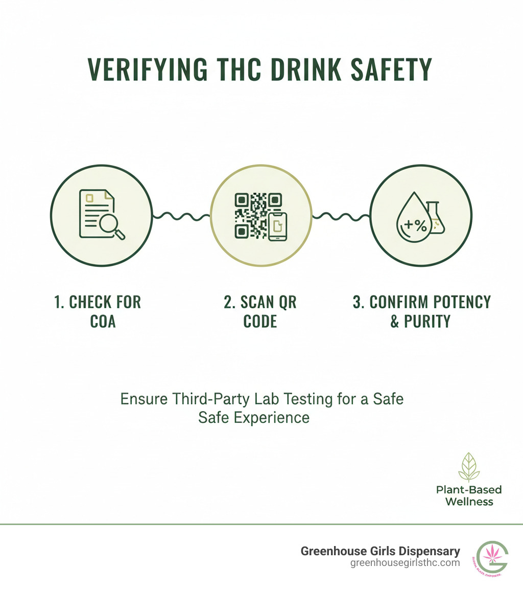 Infographic showing steps to verify THC product safety: check for COA, scan QR code, confirm potency and purity - thc drinks infographic Infographic showing steps to verify THC product safety: check for COA, scan QR code, confirm potency and purity - thc drinks infographic