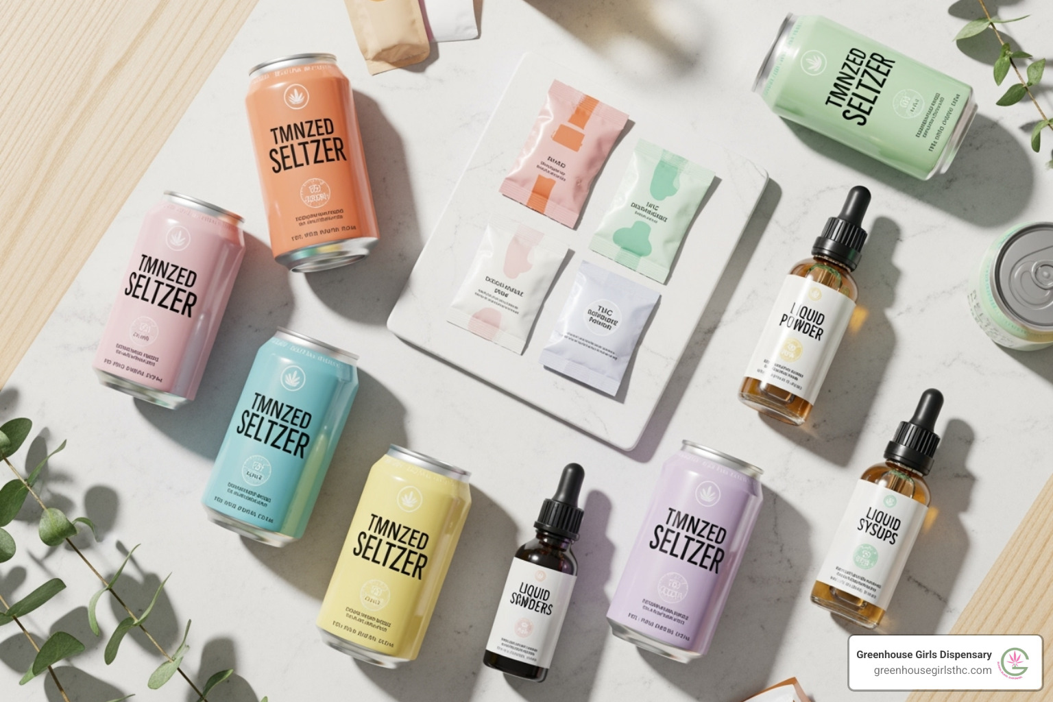 Image of a variety of THC drinks including seltzers, powders, and syrups - thc drinks Image of a variety of THC drinks including seltzers, powders, and syrups - thc drinks