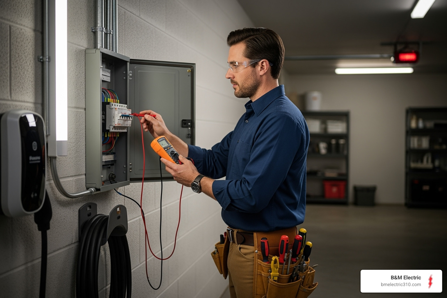 Professional electrician inspecting an EV charger's electrical panel - ev charger maintenance south bay