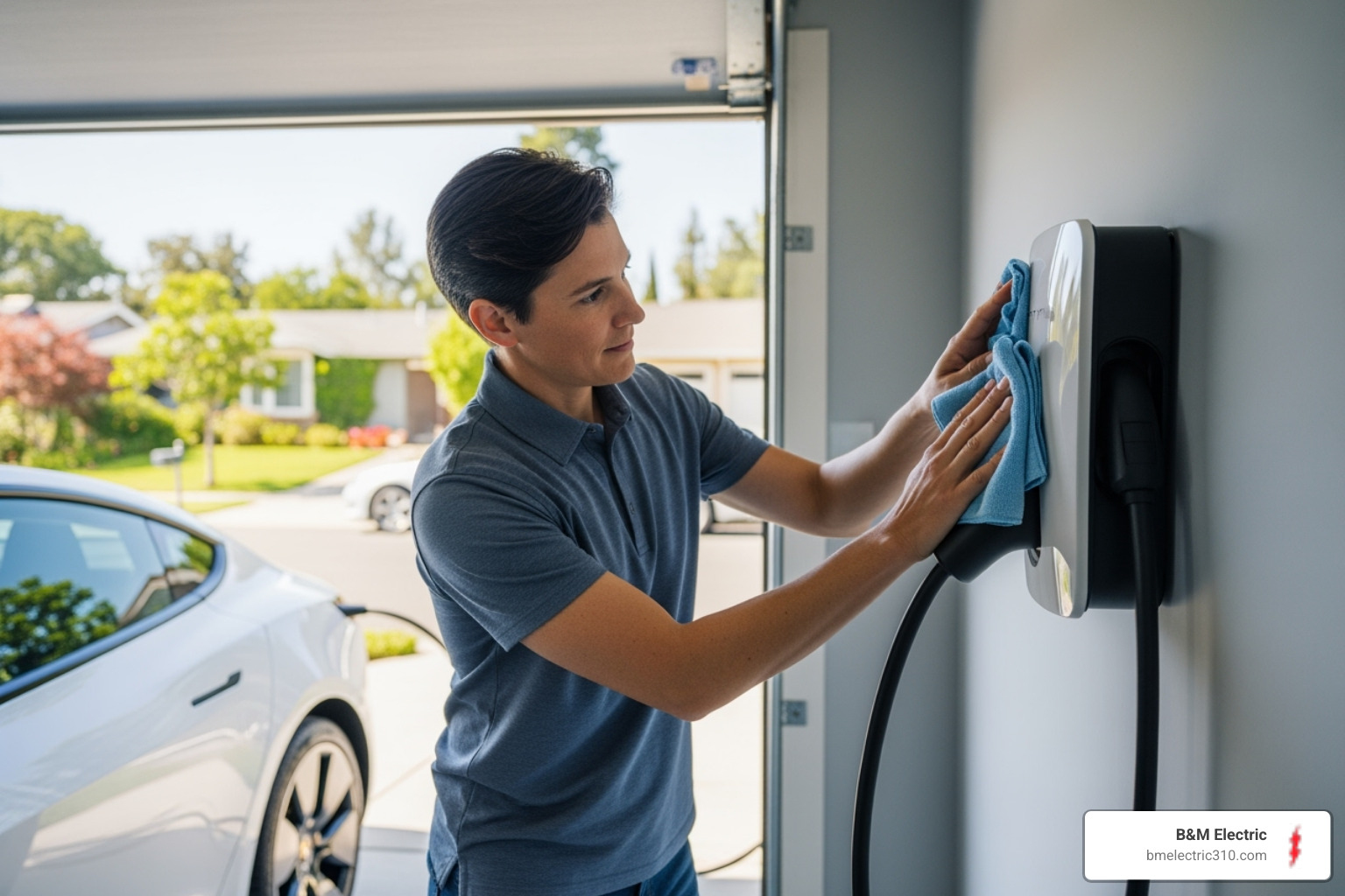 Homeowner wiping down their EV charger unit - ev charger maintenance south bay