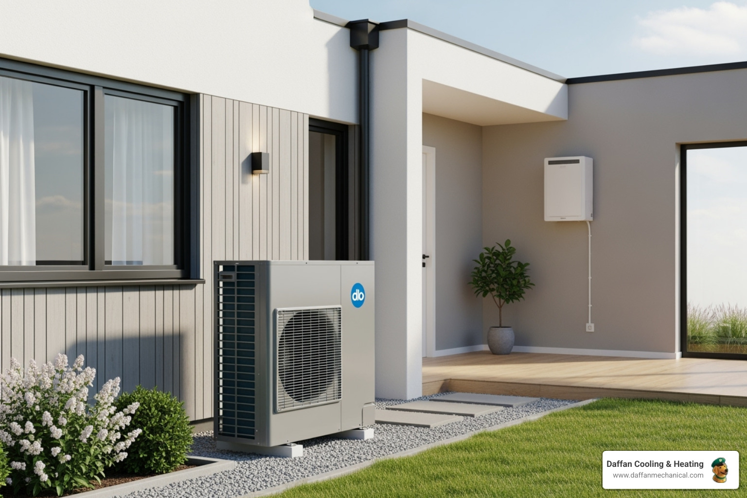 sleek outdoor heat pump unit and indoor ductless mini-split - eco friendly hvac hood county