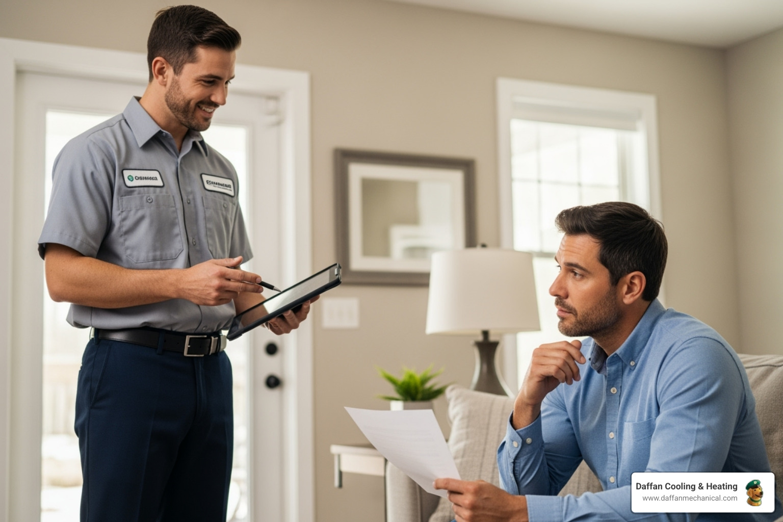 friendly technician helping a homeowner with a financing application - hvac finance options glen rose tx friendly technician helping a homeowner with a financing application - hvac finance options glen rose tx
