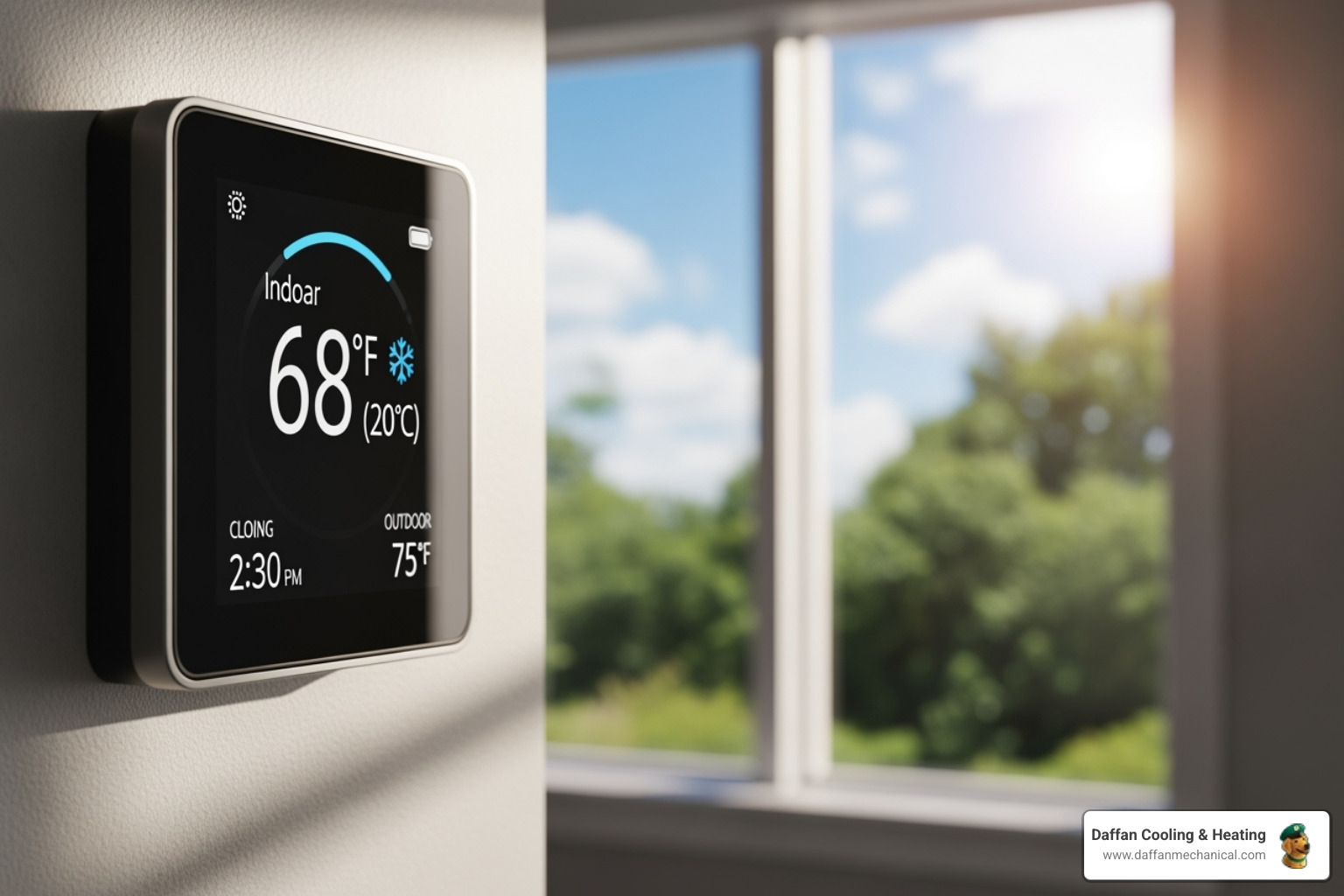 smart thermostat showing cool indoor temperature on hot day - eco friendly hvac hood county